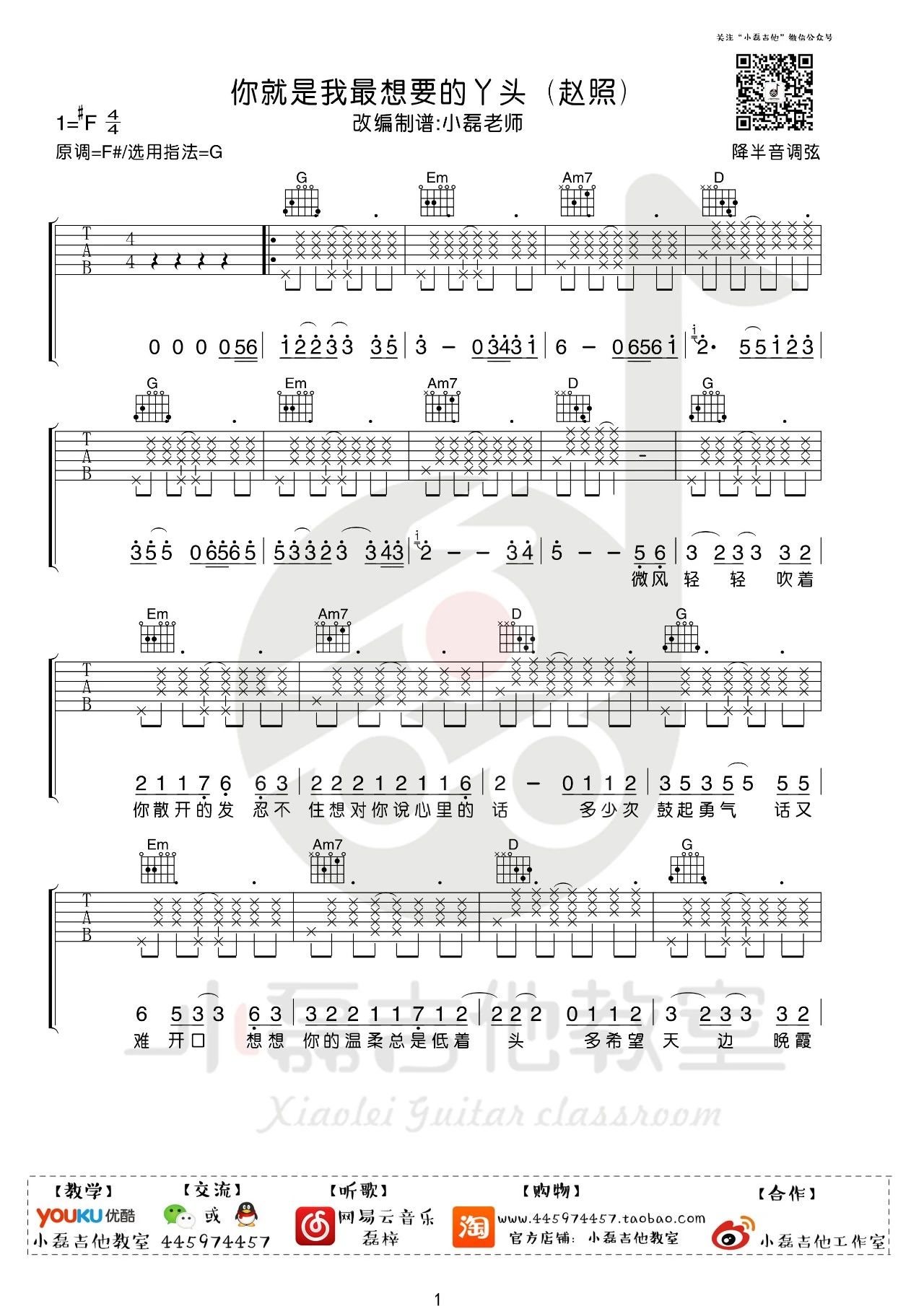 赵照《你就是我最想要的丫头》吉他谱_G调吉他谱_吉他弹唱视频教学-图1
